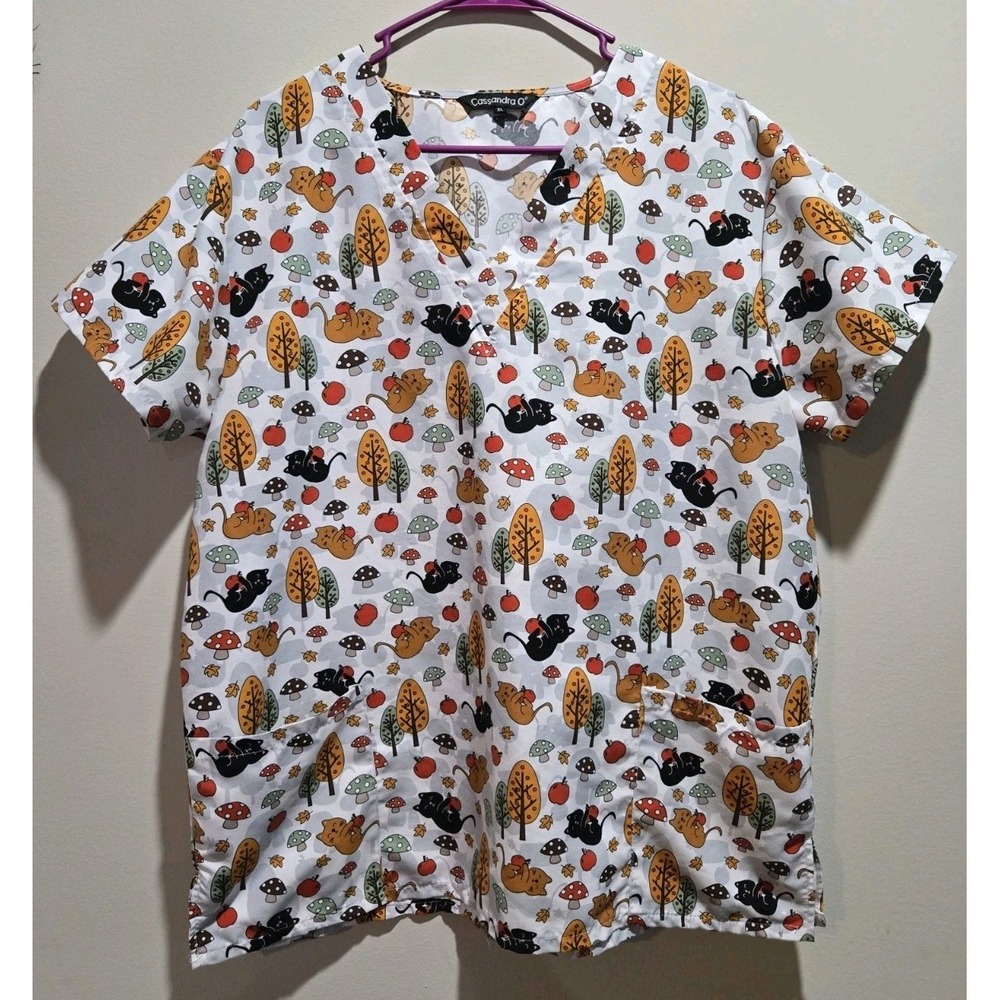 Cassandra O Scrub Top Womens XL Fall Cats Pumpkin Mushroom Autumn Trees & Leaves